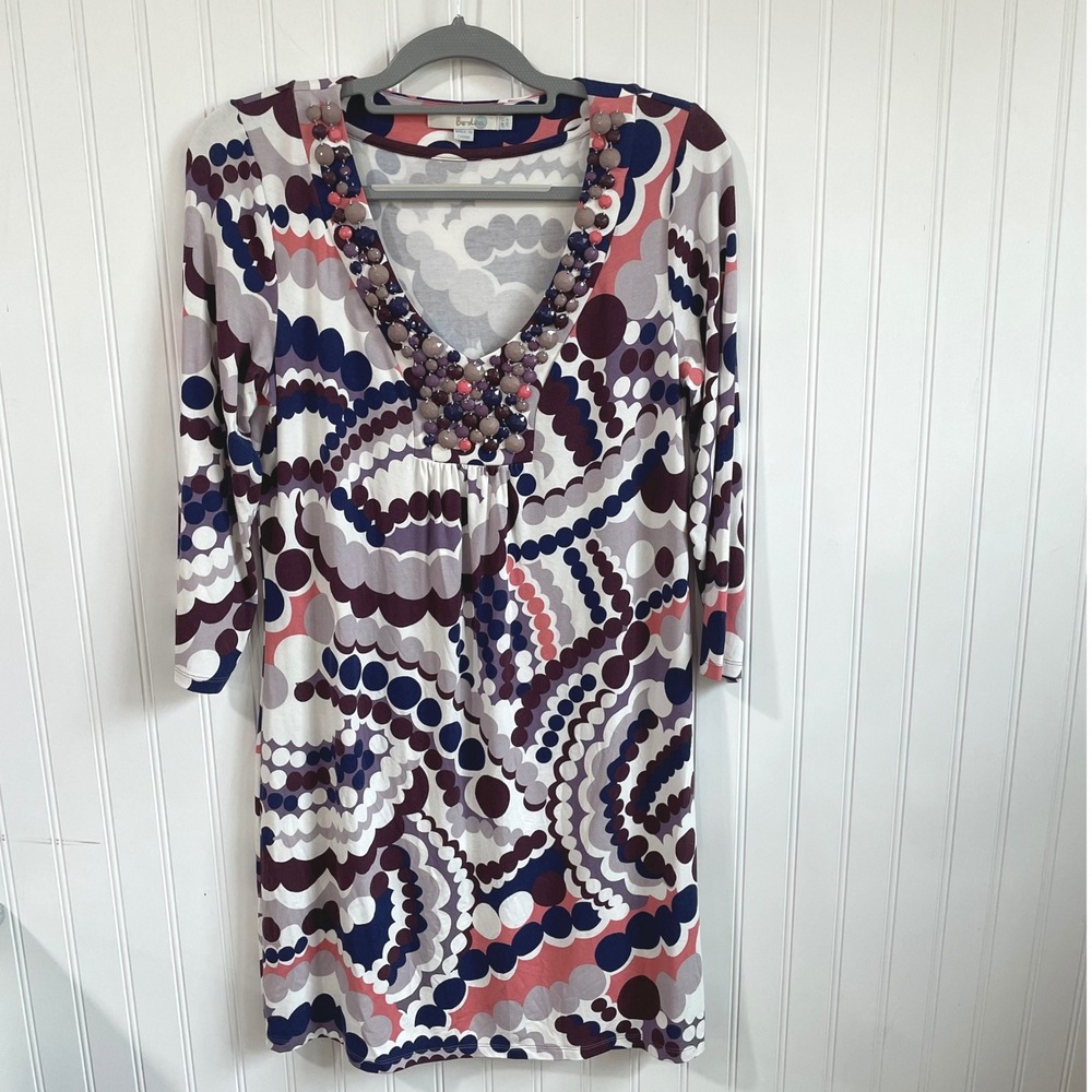 Boden Dress Beaded‎ Neckline 3/4 Sleeve Multicolor Print Casual Size 8 Stretchy